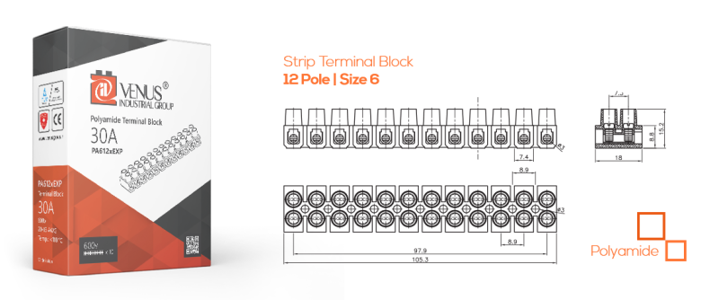 Strip Terminal Block 12 houses, size 6
